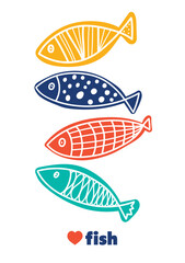 Cute retrocartoon illustration with  fish on white background. Vector illustration set. - 782263763