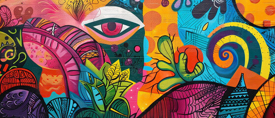 Colorful and intricate street mural featuring bold colors and detailed designs, brightening up the...
