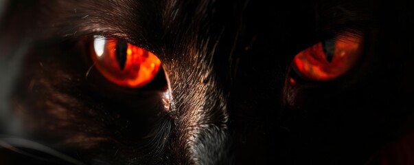 Close-up of a black cat's glowing red eyes - obrazy, fototapety, plakaty