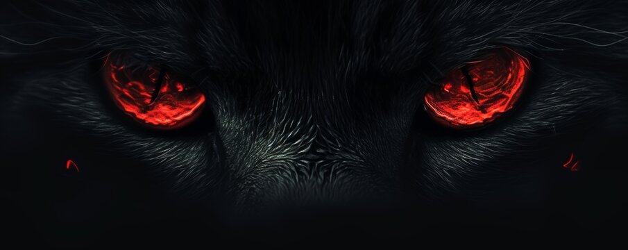 Intense red eyes of a black cat in darkness