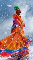 A model stands amidst a swirling snowstorm, their bold, colorful attire stark against the monochrome landscape, capturing the defiance and vibrancy of winter fashion