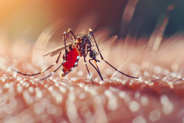 Dengue hemorrhagic fever, aedes mosquito sucking human blood on skin. - obrazy, fototapety, plakaty