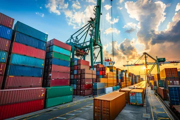 Fototapeten Logistics, container Cargo ship transportation with working crane bridge in deep sea port for import export. © amazing studio