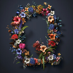 Beautiful floral alphabet isolated on black background. Letter Q. Floral font.