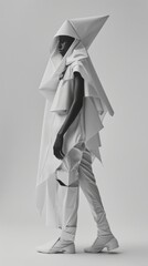 minimalist studio, a model poses with sculptural precision, their geometrically designed attire complementing the sparse surroundings, highlighting the artistry of modern fashion design