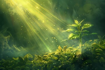 Fototapeta na wymiar radiant sunbeams nurturing lush green seedling symbolizing growth and new beginnings digital illustration