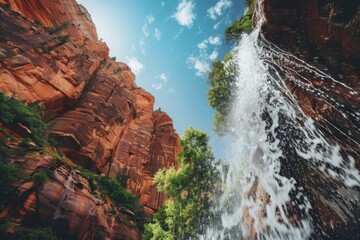 looking up at a waterfall in the middle of a canyon