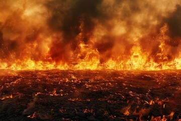 raging fire burns on barren ground dramatic inferno background digital art - obrazy, fototapety, plakaty