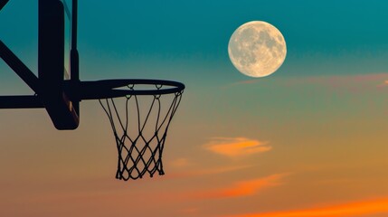 Basketball hoop against a backdrop of a large moon