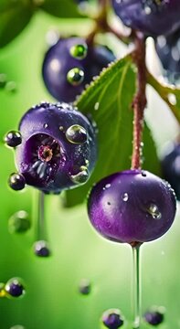 juicy purple blueberries under a stream of fresh water with lots of waterdrops against a green blurred background, slow motion zoom, fresh vertical vood video