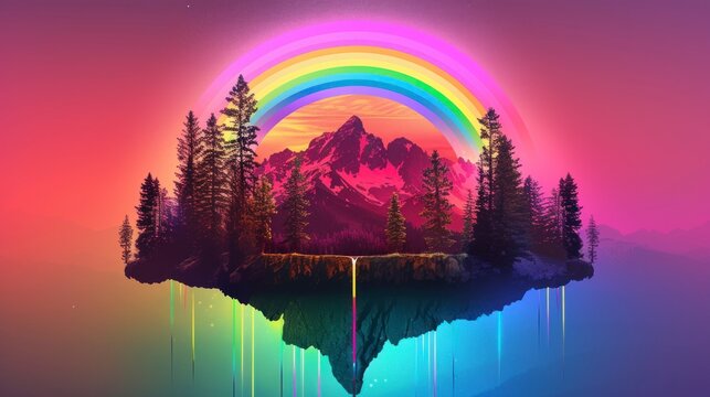 mountain with pine trees and a floating rainbow. NEON CONCEPT,retro,wallpaper,background,mountains,pine trees,sunset,painting,illustration