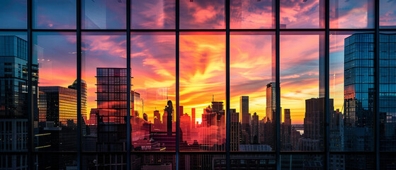 Colorful sunset reflected in tall city windows, casting a warm glow over the skyline.