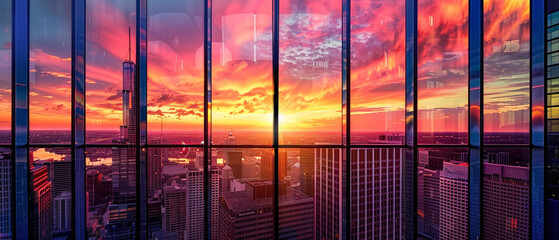 Vivid sunset hues reflect off city windows, creating a stunning and colorful urban landscape glow.