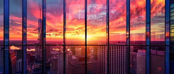 Fototapeten Vivid sunset hues reflect off city windows, creating a stunning and colorful urban landscape glow. © Szalai