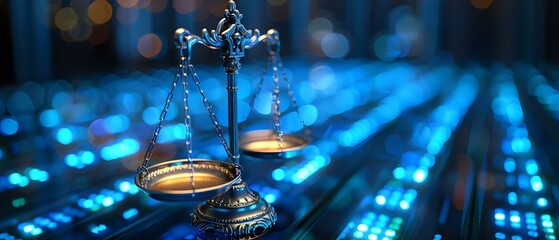 Scales of Justice Amidst Digital Glow. Concept Law and Technology, Digital Transformation, Legal Innovation, Virtual Legal Proceedings - obrazy, fototapety, plakaty