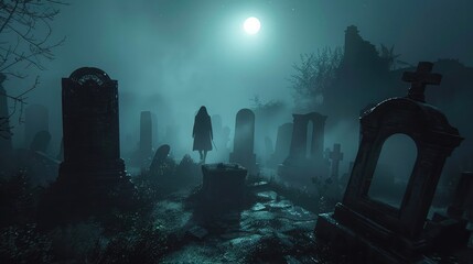 A shadowy silhouette walking through a mist-covered graveyard, the moon casting an eerie glow on ancient tombstones,