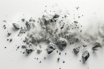 shattered boulder explosion swirling dust and rock fragments on white background abstract 3d rendering