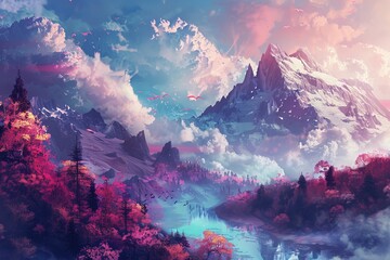 a dreamy landscape filled with surreal elements, influenced by the captivating essence of nature. - obrazy, fototapety, plakaty