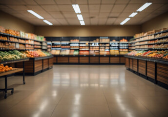 Supermarket aisle with shelves and blurred grocery store bokeh background