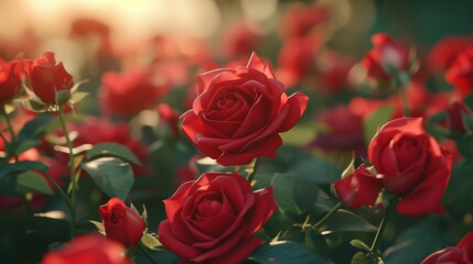 Lush red roses in bloom at golden hour