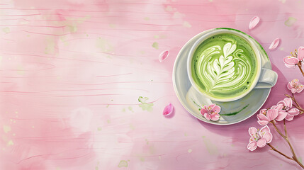 Matcha Latte and Spring Background
