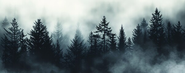 Misty pine forest landscape at dusk - obrazy, fototapety, plakaty