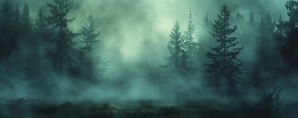 Fototapeta na wymiar Misty pine forest at dusk