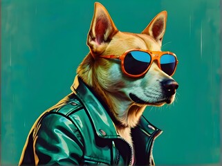 Color illustration of a fantasy dog character wearing sunglasses and leather jacket looking away on a green and turquoise background. Generative AI