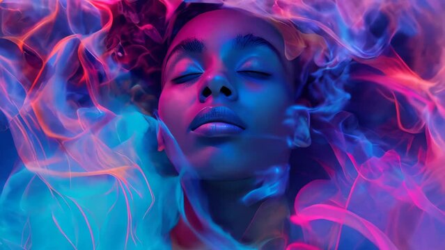 Close-up of a serene woman's face surrounded by vibrant swirls of neon smoke