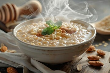 steaming bowl of freshly cooked oatmeal with almonds and honey healthy breakfast still life 3d illustration - obrazy, fototapety, plakaty