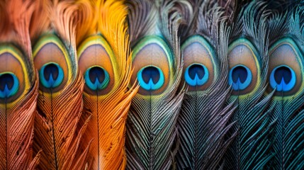 Colorful peacock feathers in close-up