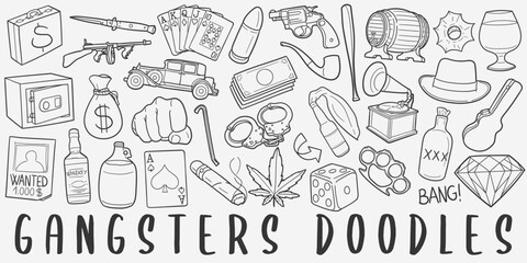 Gangsters Doodle Icons Black and White Line Art. Mafia Clipart Hand Drawn Symbol Design.