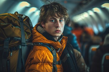 A young man with a backpack and orange jacket is sitting on a plane