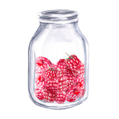 Raspberries in a glass jar in a watercolor illustration on a white background. Hand drawn raspberry illustration for cookbooks, dessert recipes and rustic natural products.