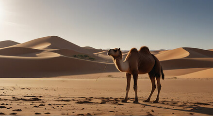 A camel on the sand in the middle of desert dunes, in bright sunlight, wide - obrazy, fototapety, plakaty