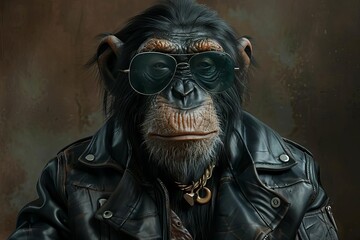 stylish monkey wearing leather jacket and sunglasses exuding attitude and confidence in a cool portrait digital art