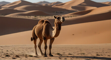 A camel on the sand in the middle of desert dunes, in bright sunlight, thirst - obrazy, fototapety, plakaty