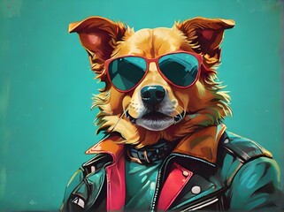 Color illustration of a fantasy dog character wearing sunglasses and leather jacket looking away on a green and turquoise background. Generative AI - obrazy, fototapety, plakaty