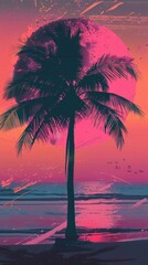Tropical beach scene with palm tree at sunset in pink and blue hues
