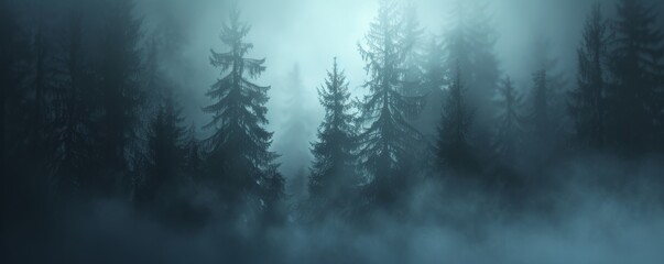 Misty forest at dusk with silhouettes of pine trees - obrazy, fototapety, plakaty