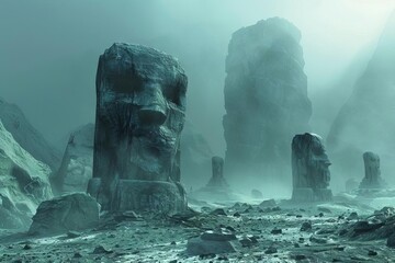 surreal landscape with unearthly stone idols in misty valley of departed ancestors 3d illustration - obrazy, fototapety, plakaty