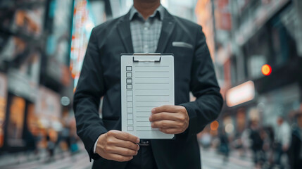 Businessman with checklist, urban background, task management.