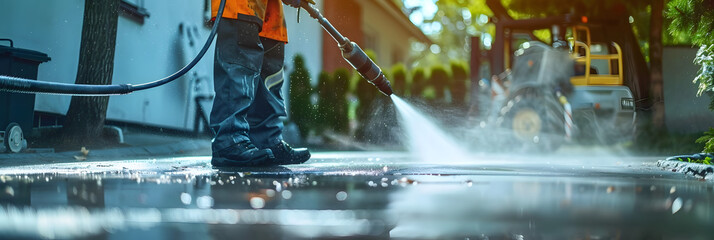 Workers using pressure washer to deep clean driveway for professional cleaning service. Concept Pressure Washing, Driveway Cleaning, Professional Service, Outdoor Maintenance, Workers at Work