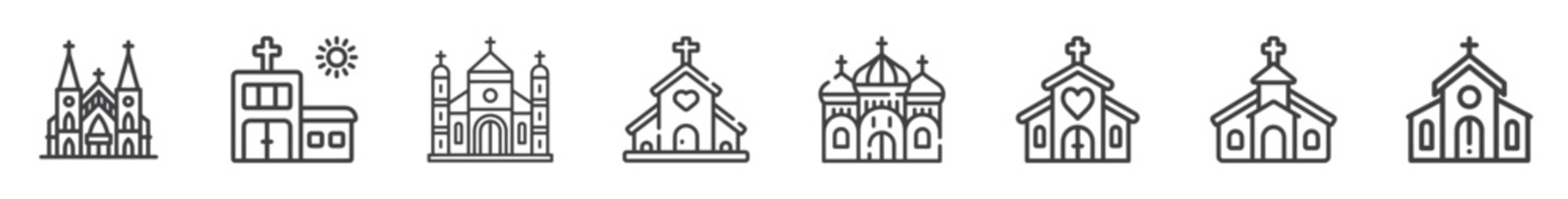 Church building line icon set. Eight Icons of Christian religion.