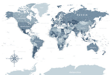 World Map - Highly Detailed Vector Map of the World. Ideally for the Print Posters. Grey Silver Spot Beige Retro Style. - obrazy, fototapety, plakaty