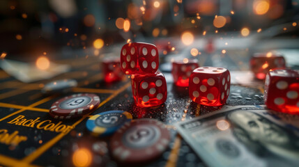 A close up of a table with a pile of red dice and a stack of 100 bills