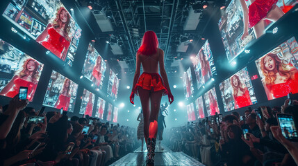 A woman walks down a red lit runway with a crowd of people watching her