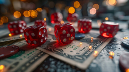 A bunch of red dice and a stack of one dollar bills - Powered by Adobe