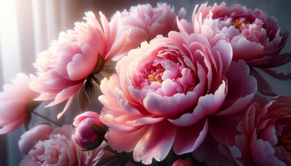 Close-Up: Delicate Pink Peonies in Full Bloom with Dew Drops on Petals
