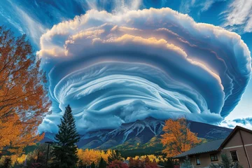 Papier Peint photo UFO Lenticular Clouds, Stationary, lens shaped clouds that form over mountains, often mistaken for UFOs